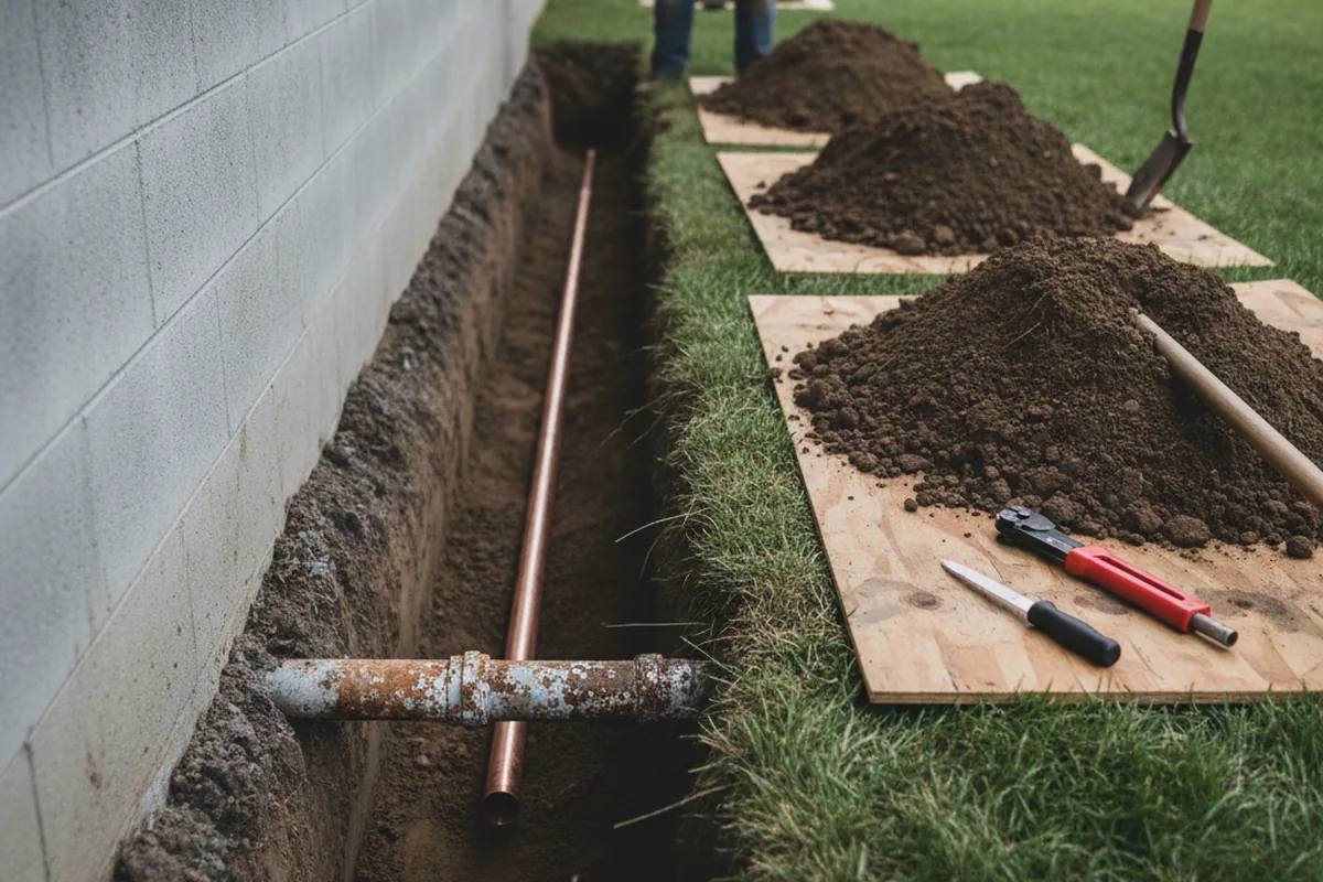 Excavated water line trench during Water Heater Repair in Glenelg